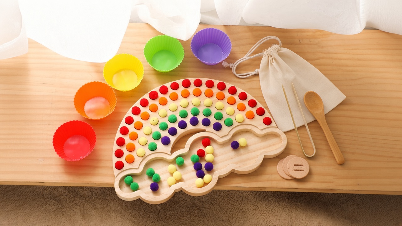 Tableau sensoriel de tri des couleurs en bois arc-en-ciel